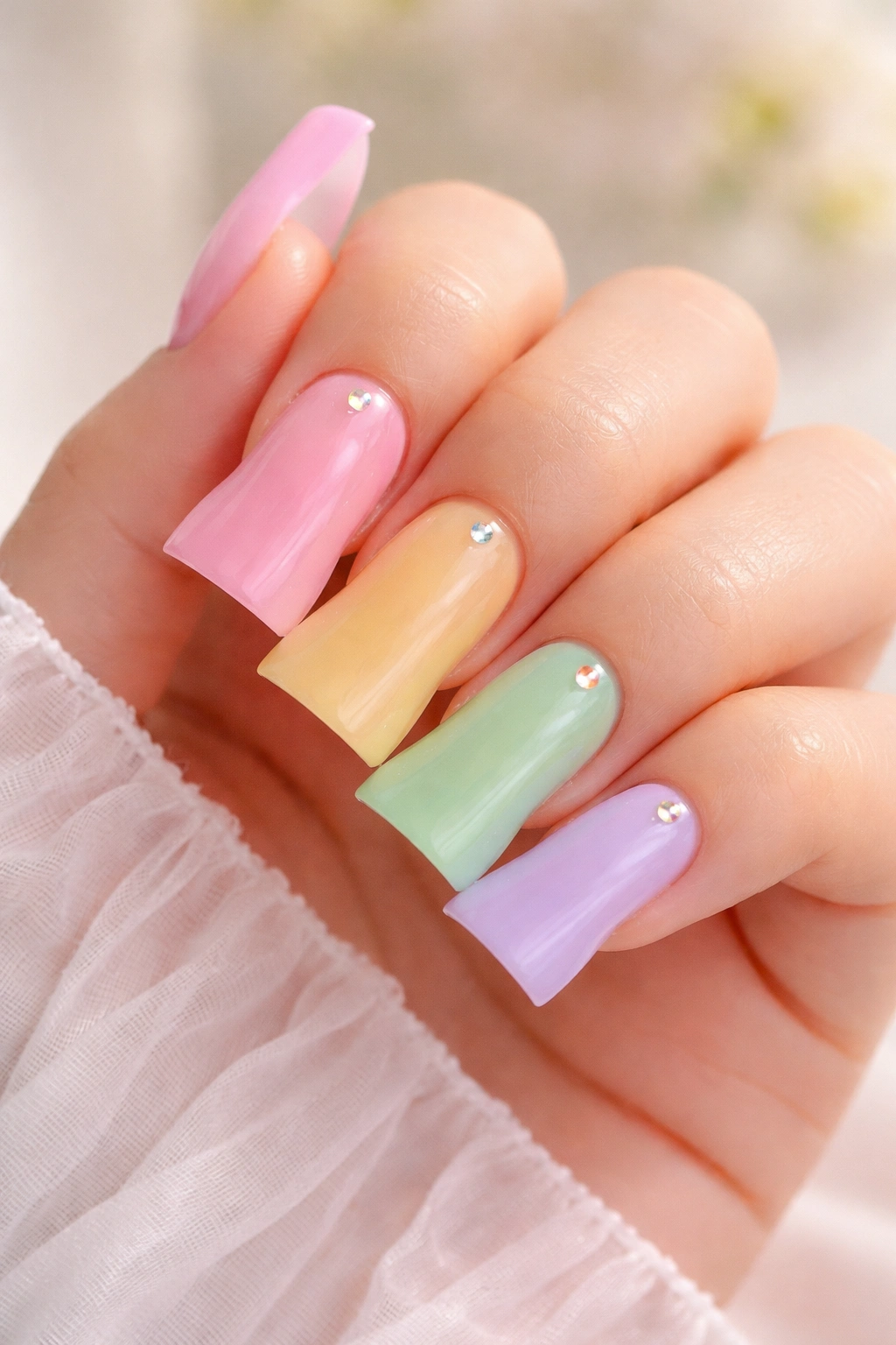 Close-up of pastel rainbow duck nails on a hand