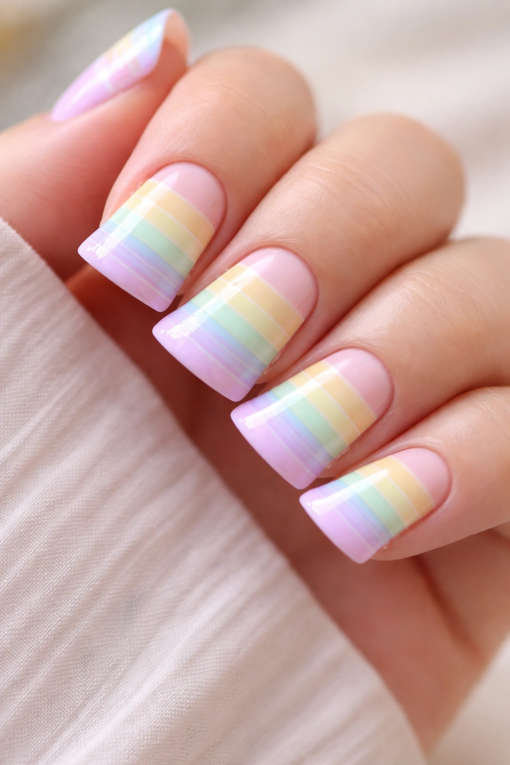 Close-up of short nails with pastel horizontal stripes across each nail