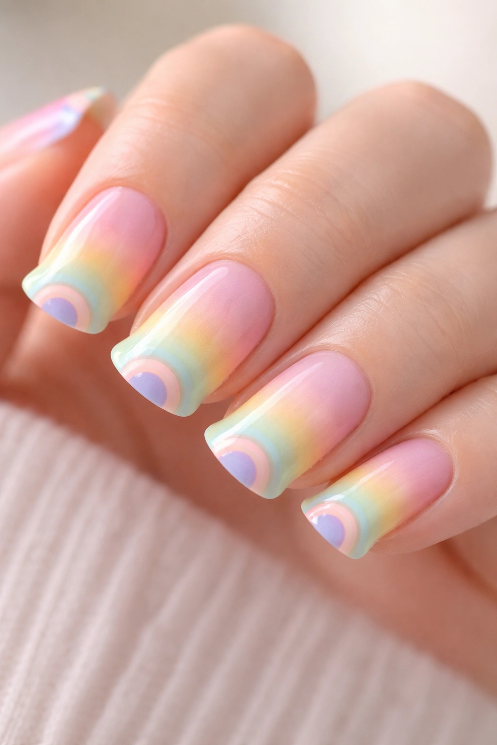 Pastel rainbow gradient duck nails with tiny rainbow tips on short nails
