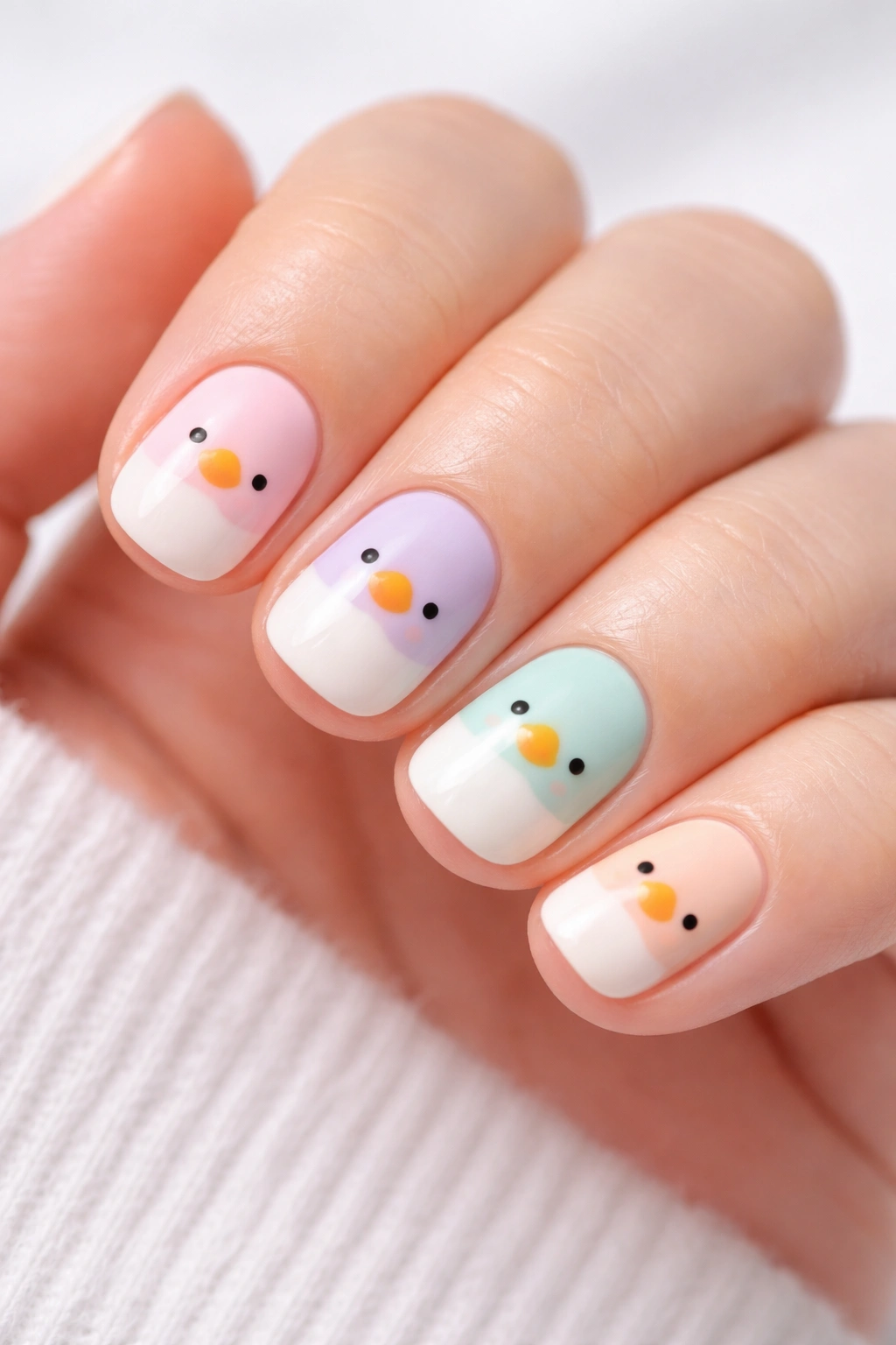 Pastel rainbow ducks on white base nails