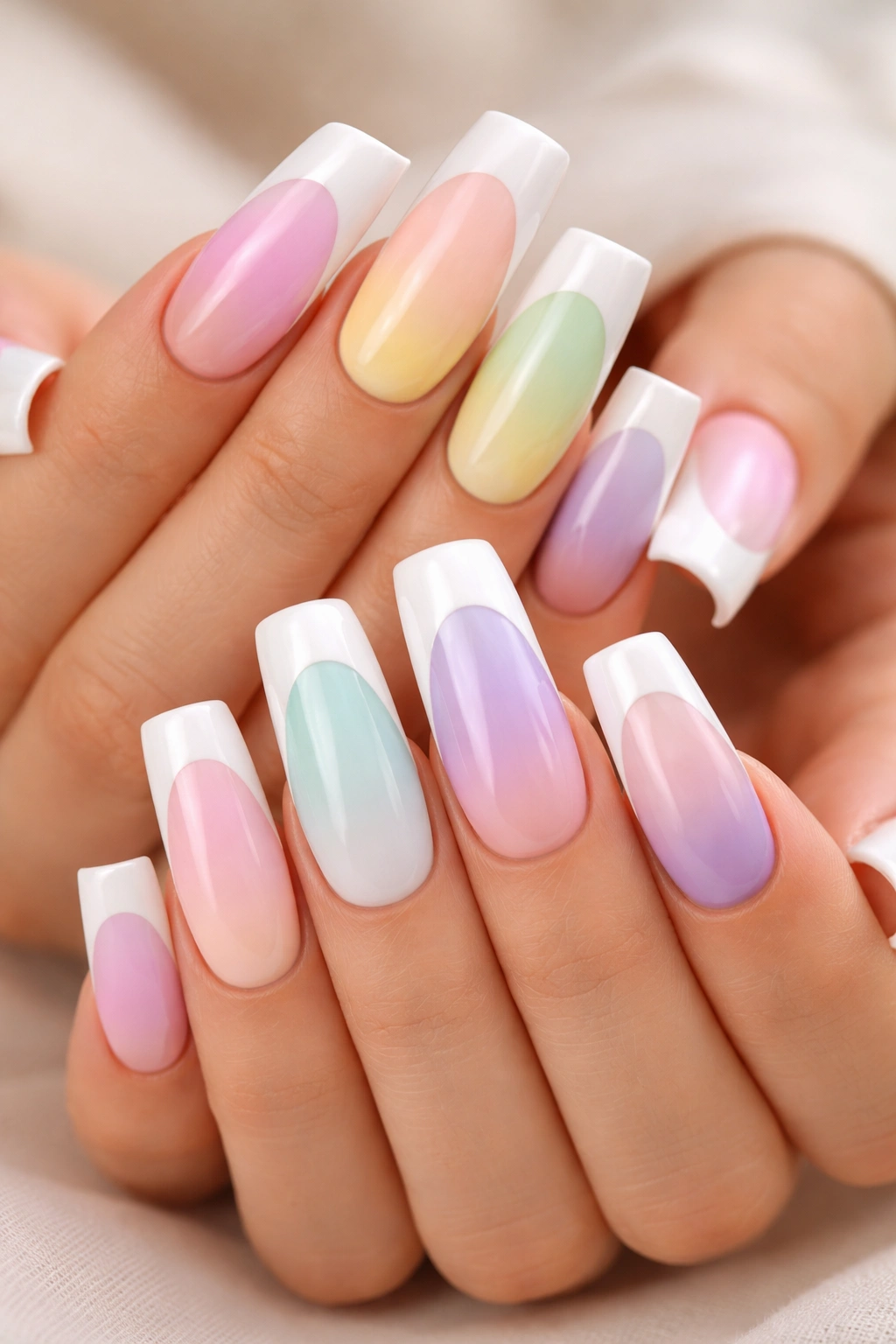 Ten long duck nails colored in pastel hues with white tips.