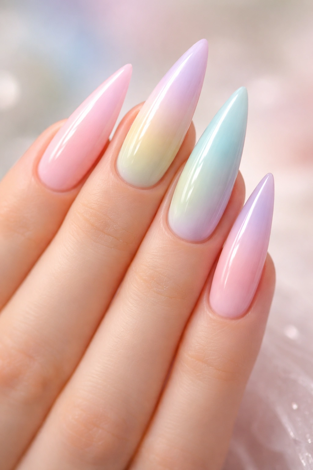 Close-up of pastel rainbow gradient stiletto nails