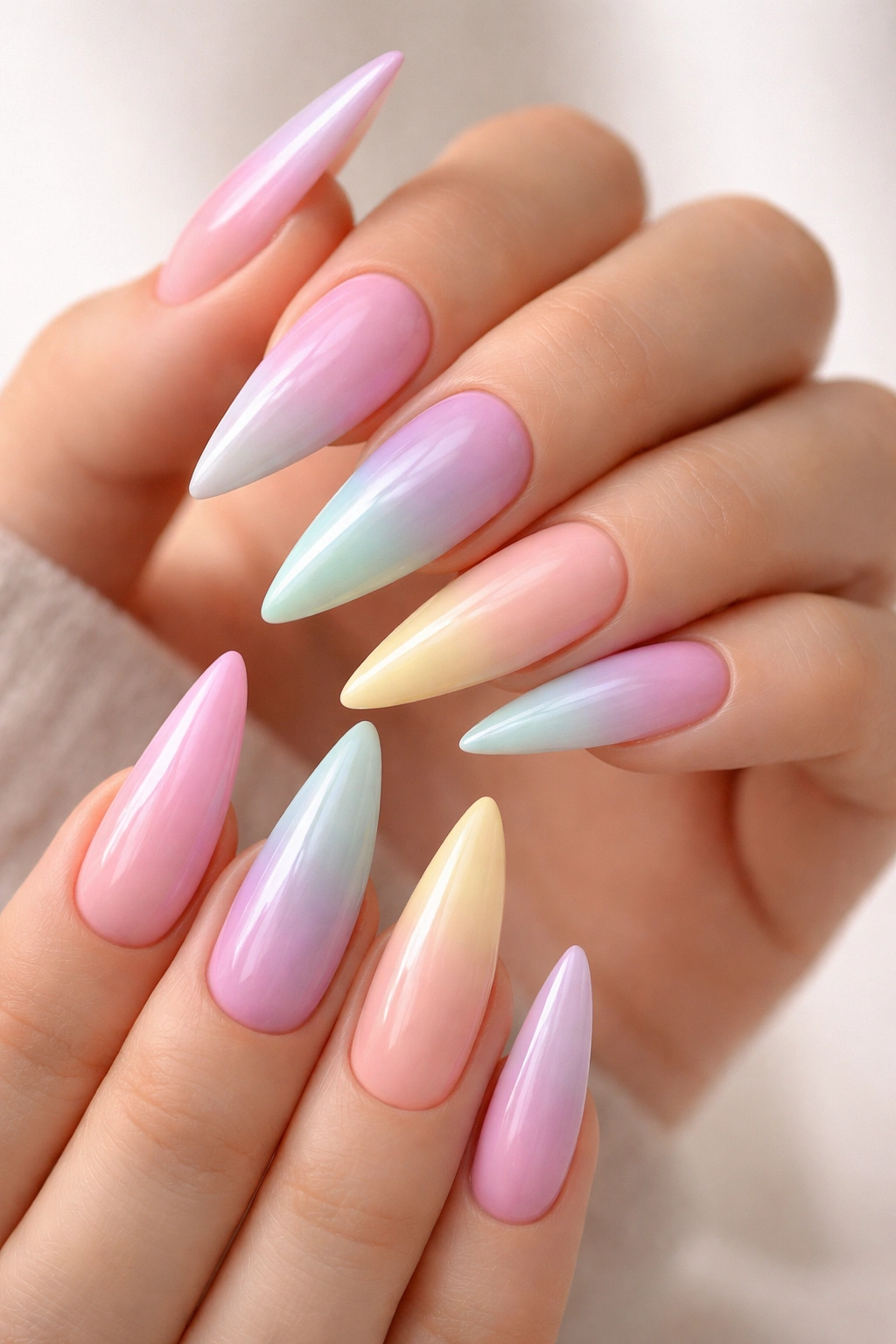 Close-up of stiletto nails with pastel rainbow gradient