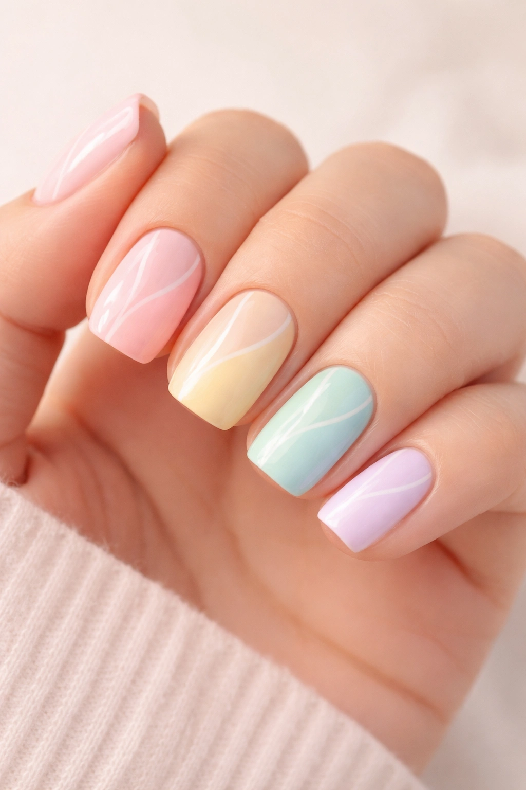 Close-up of five pastel-colored nails forming a soft rainbow on a nude base
