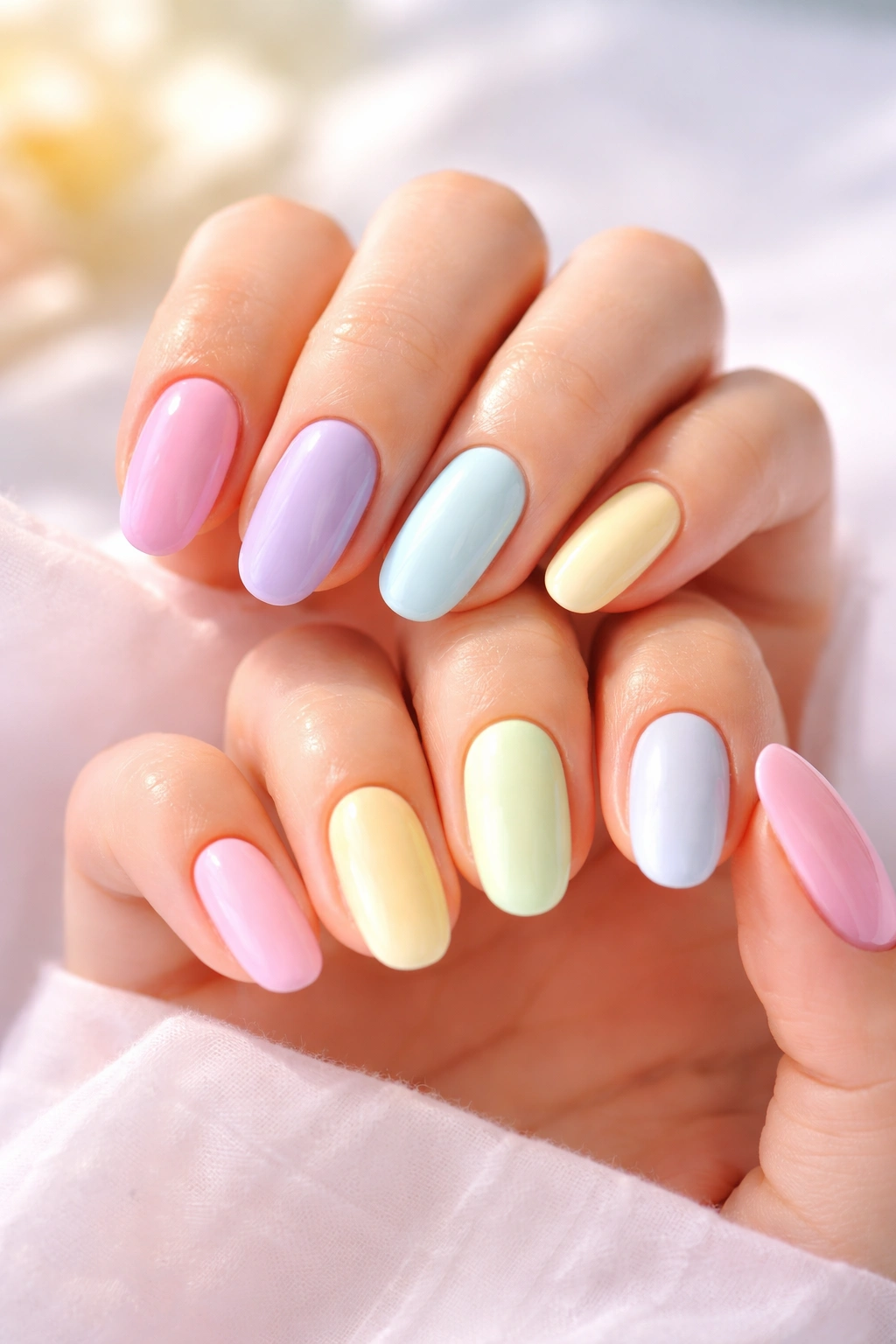 Pastel rainbow nails on hands in soft light