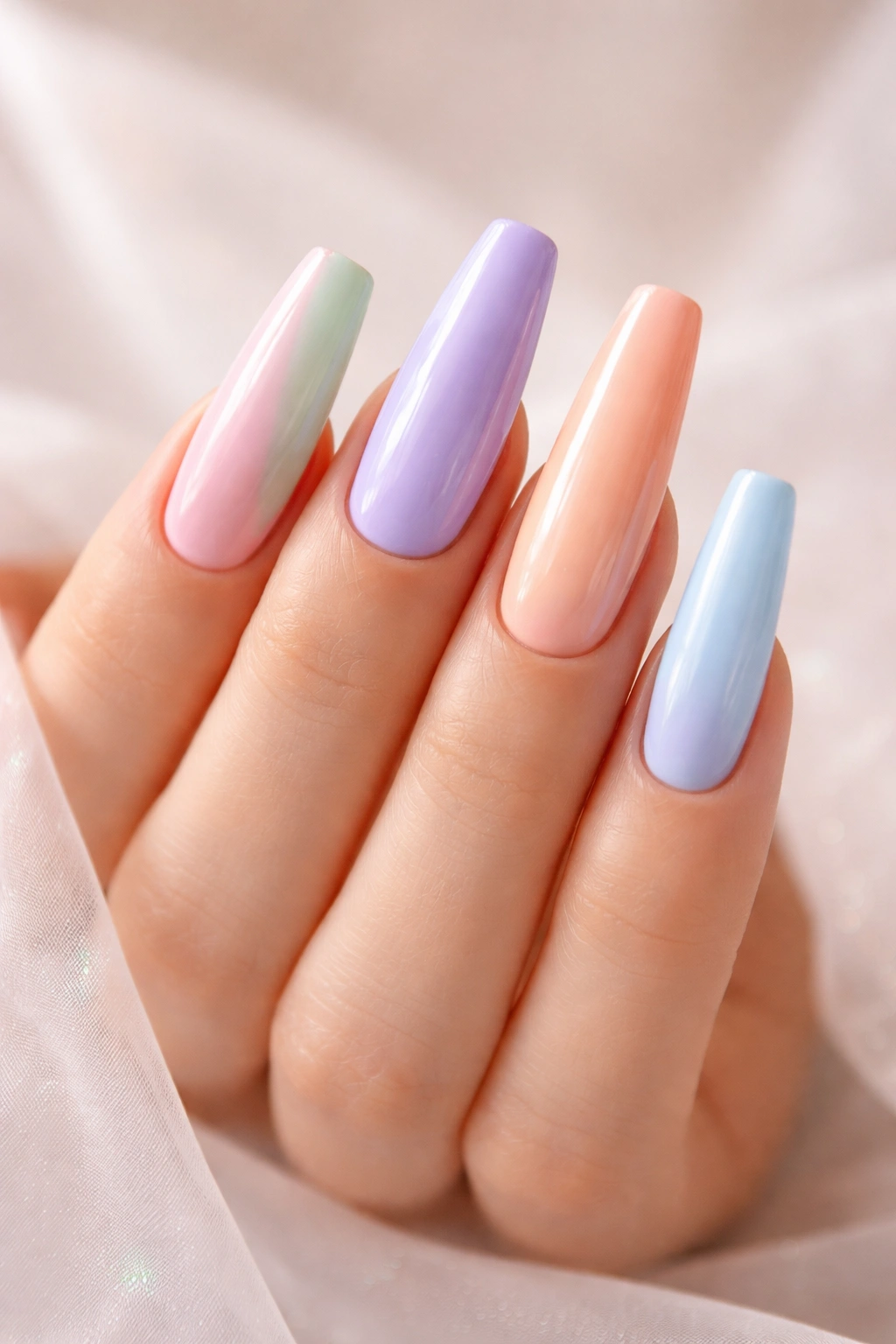 Hand with long acrylic nails in pastel rainbow colors on neutral background