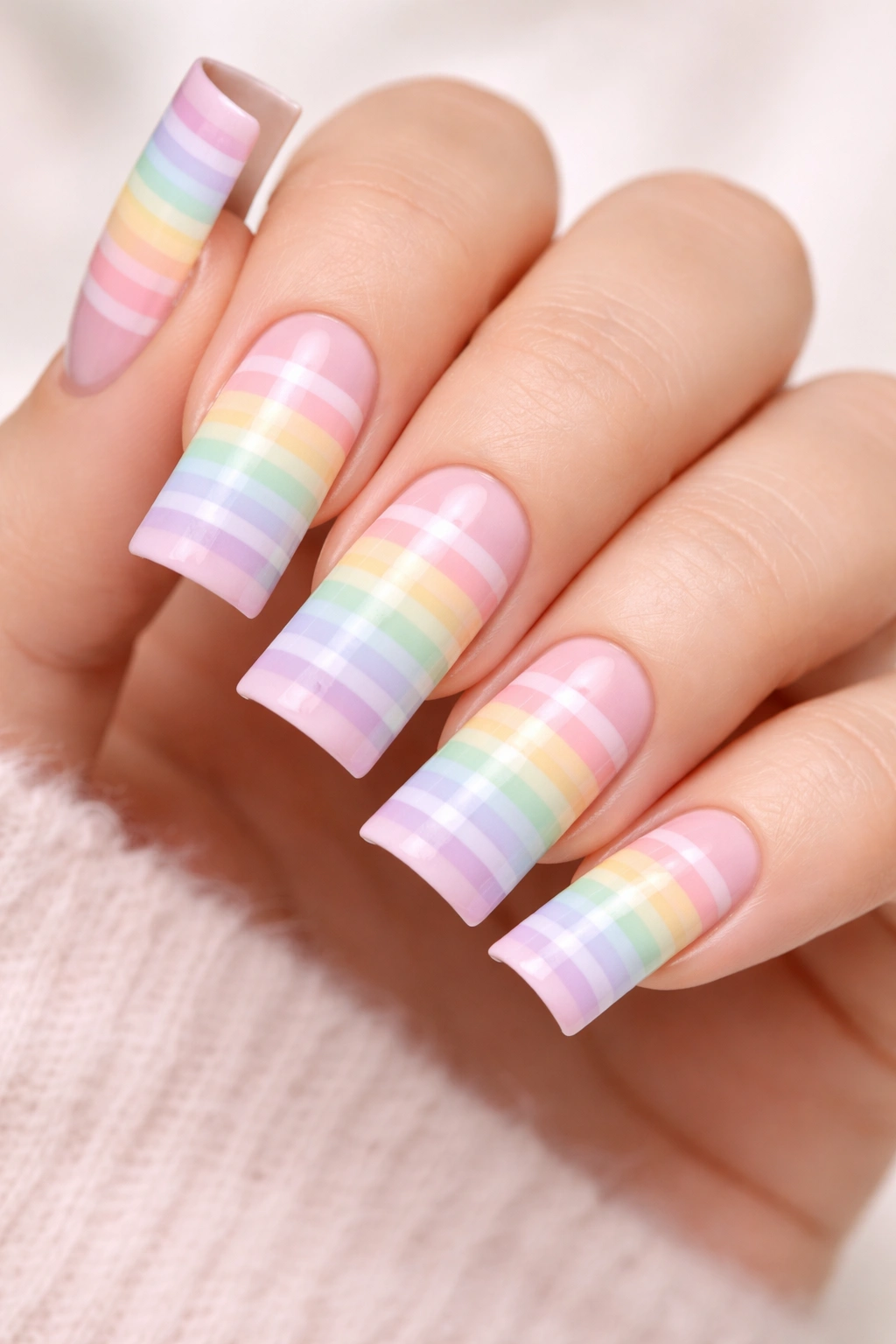 Close-up of pastel rainbow stripes on elongated duck nails