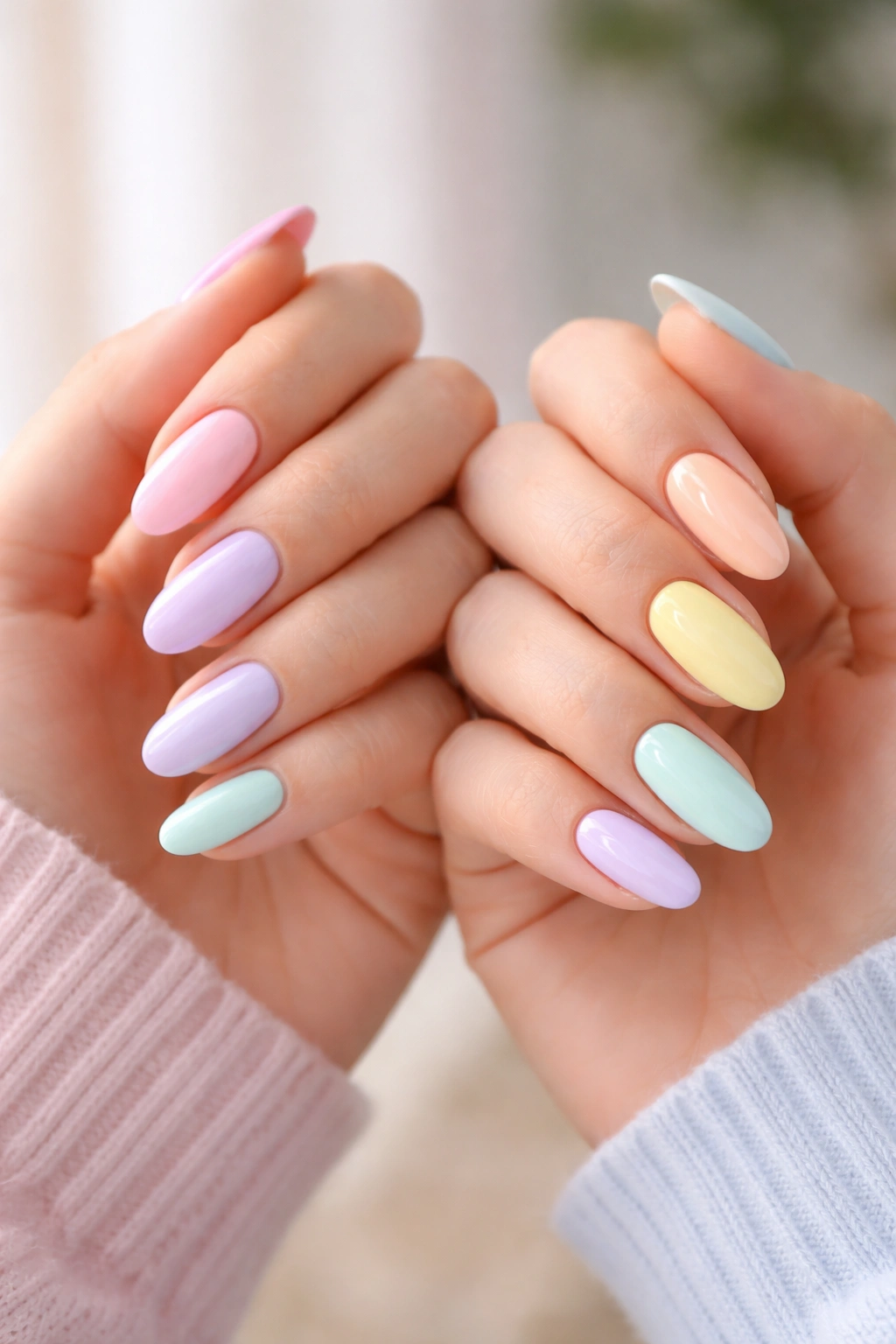 Two hands with pastel rainbow nails distributed across colors