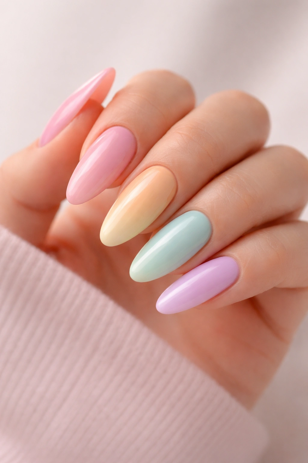 Almond nails with pastel rainbow colors on each finger.