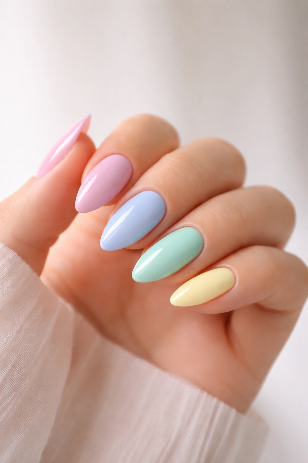 Close-up of pastel rainbow almond nails in pale hues on a hand.