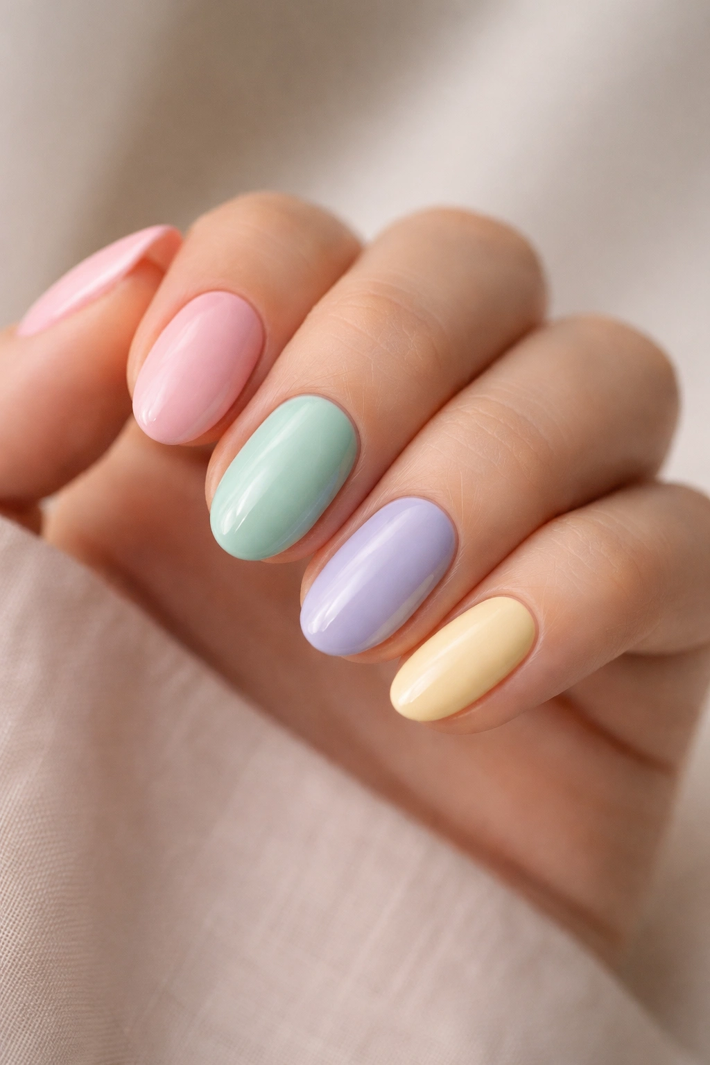 Close-up of short almond nails each in a different pastel rainbow shade