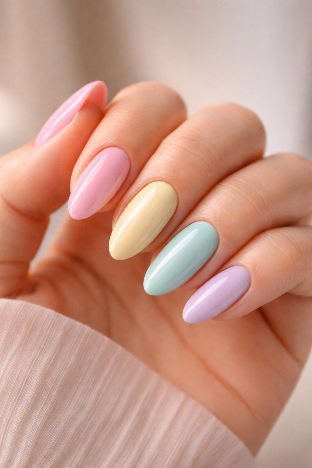Close-up of pastel rainbow almond nails on a hand with uniform almond shape