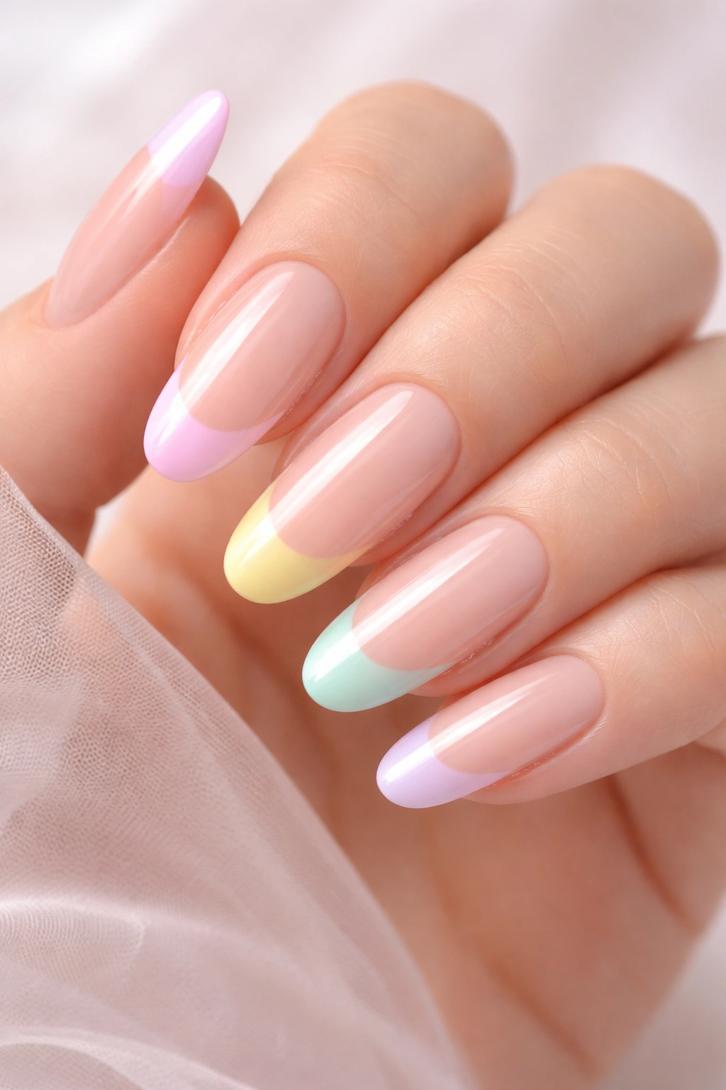 Pastel gradient tips on long round nails.