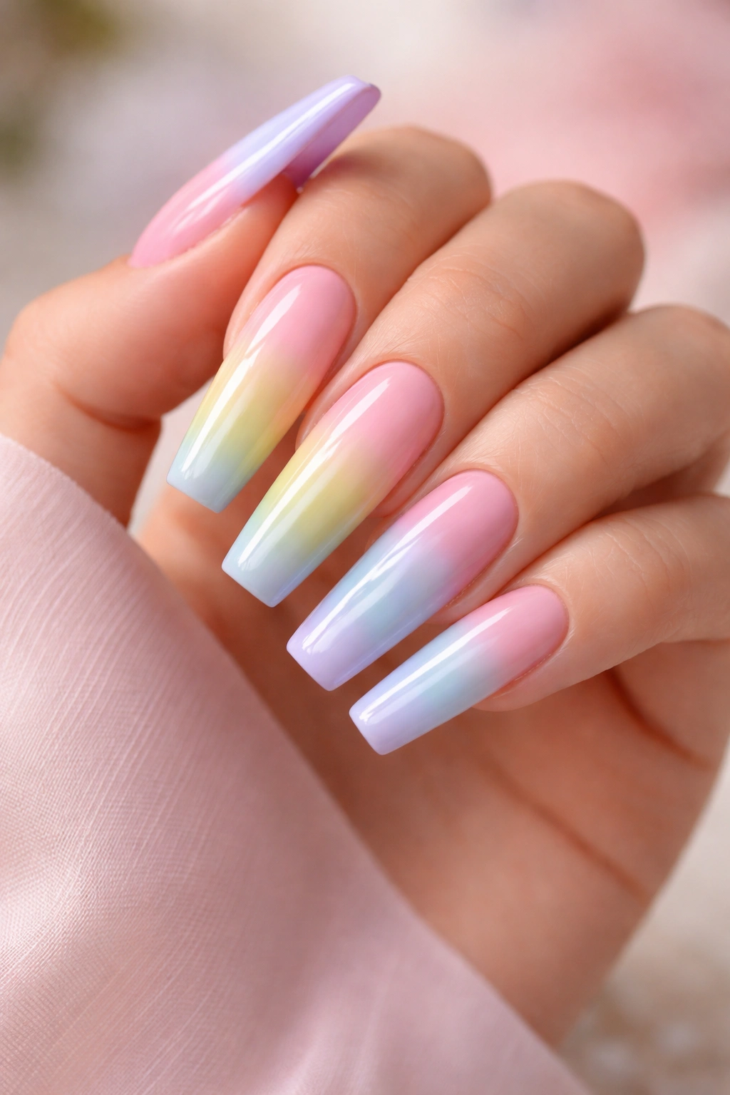 Close-up of coffin nails painted with a pastel rainbow gradient on a manicured hand.
