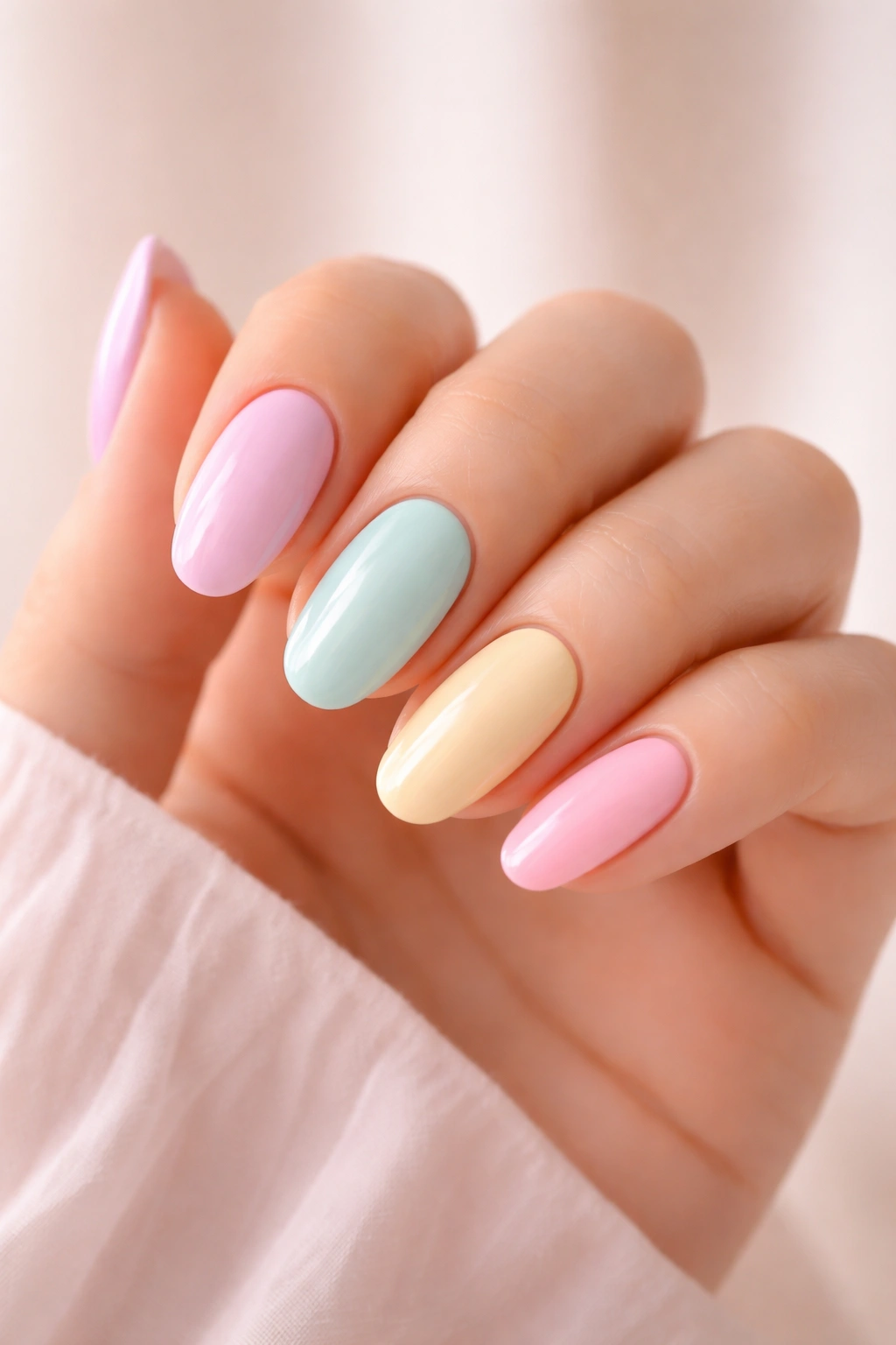 Pastel rainbow oval nails on hand