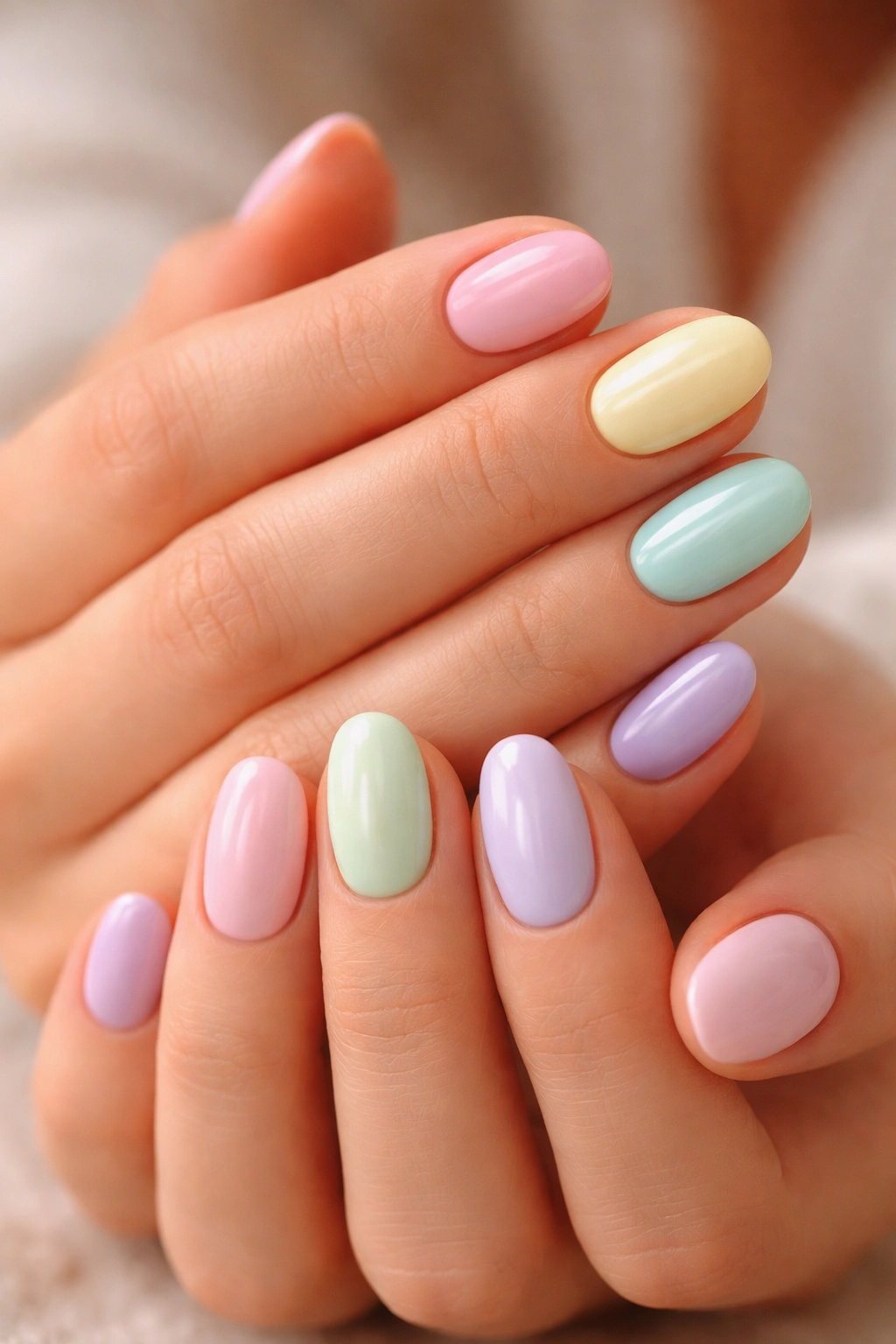 Close-up of short oval nails with pastel rainbow accents