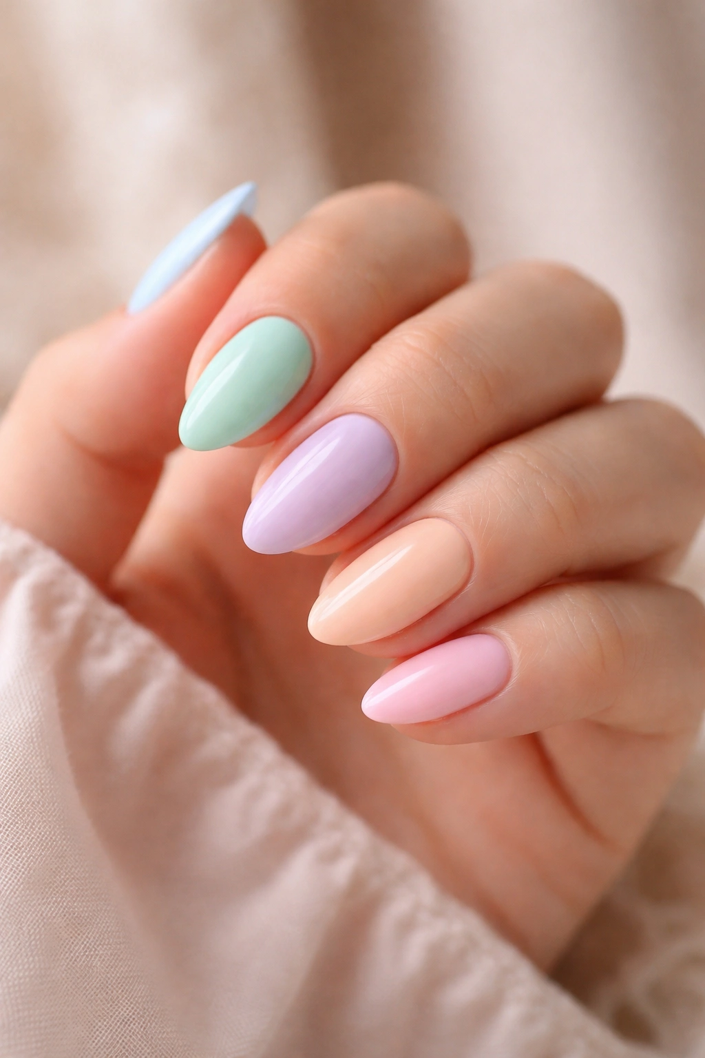 Close-up of a hand with pastel rainbow short almond nails in glossy finish.