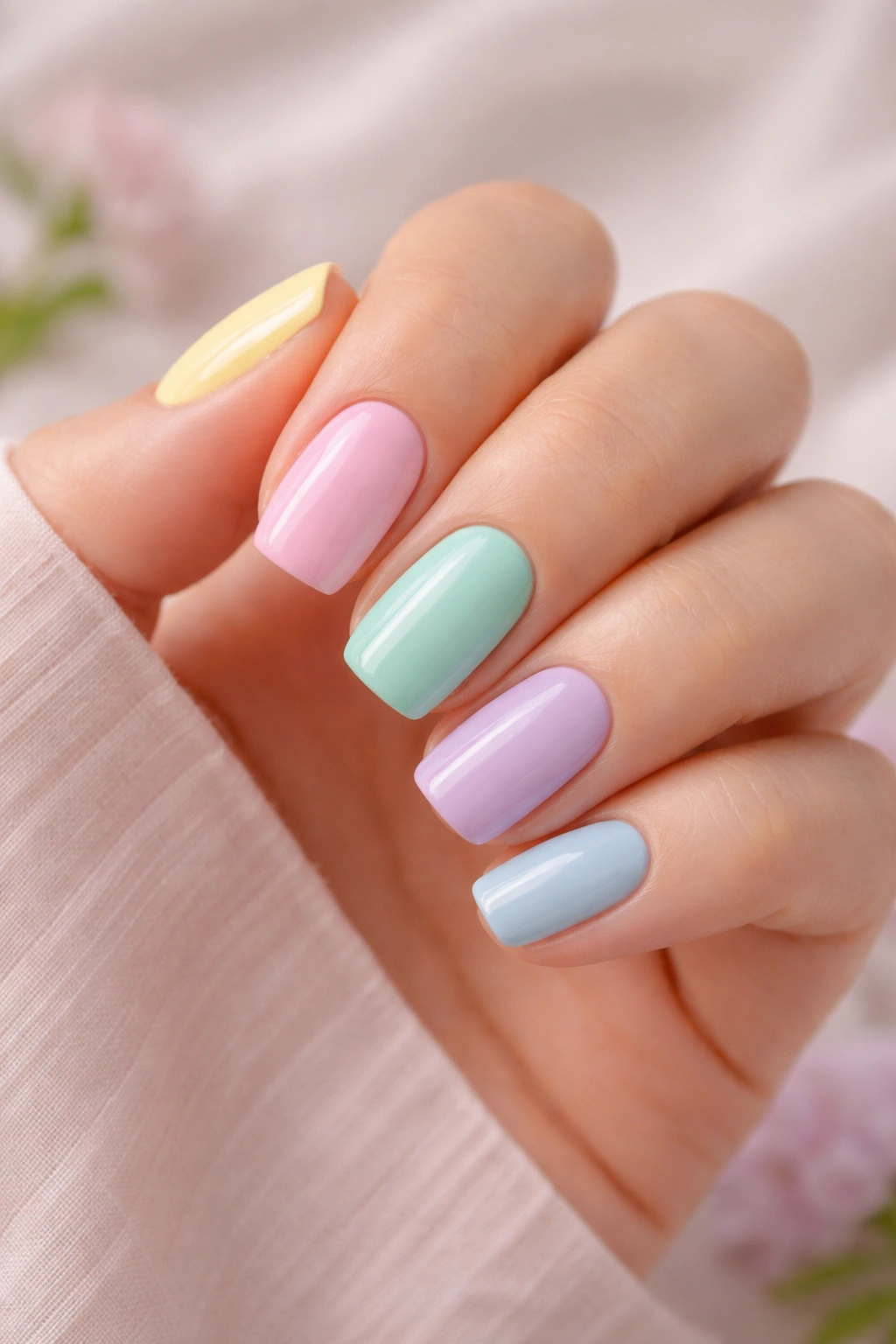 Close-up of a hand with five nails painted in pastel rainbow colors.