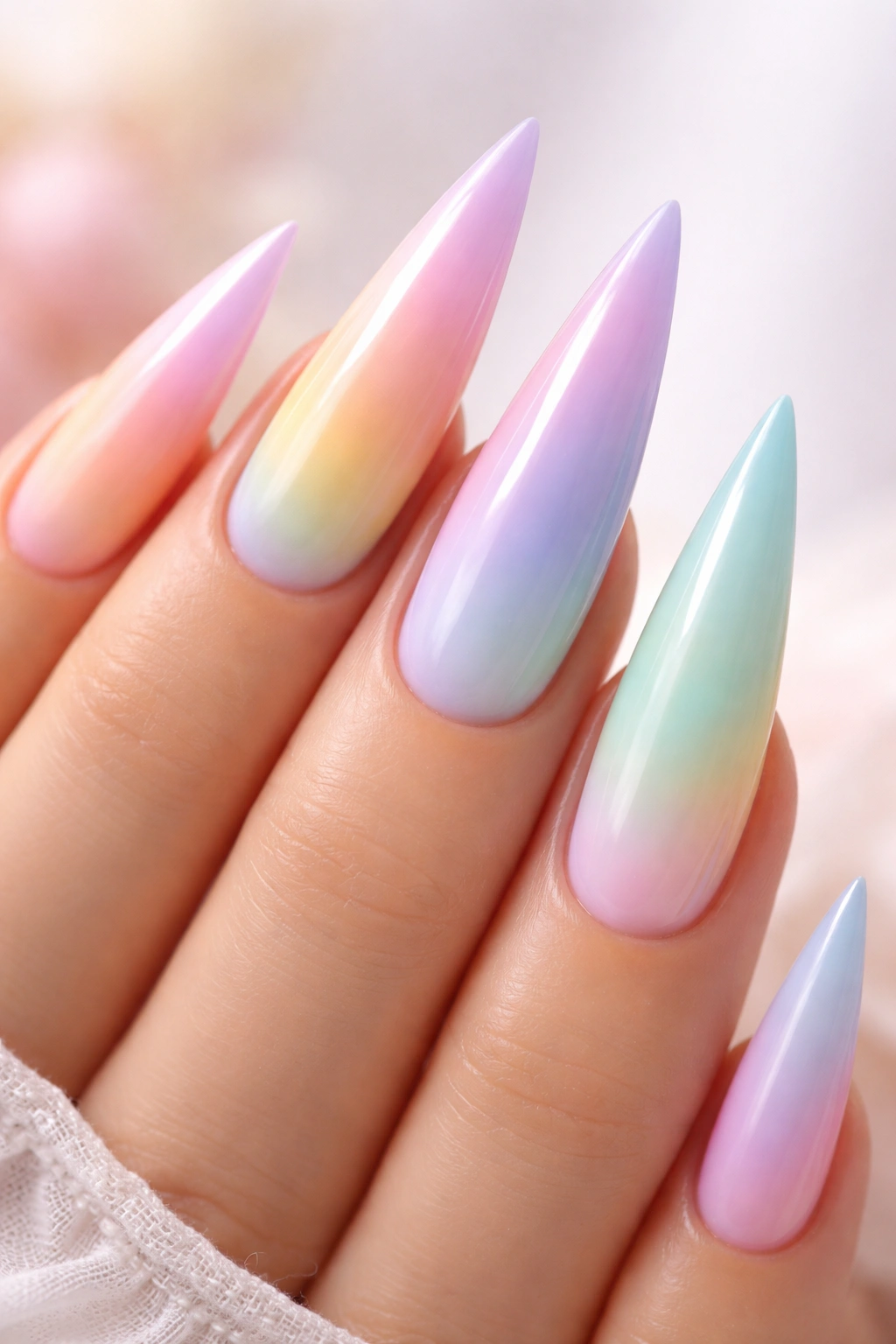 Close-up of pastel rainbow gradient stiletto nails on a neutral background
