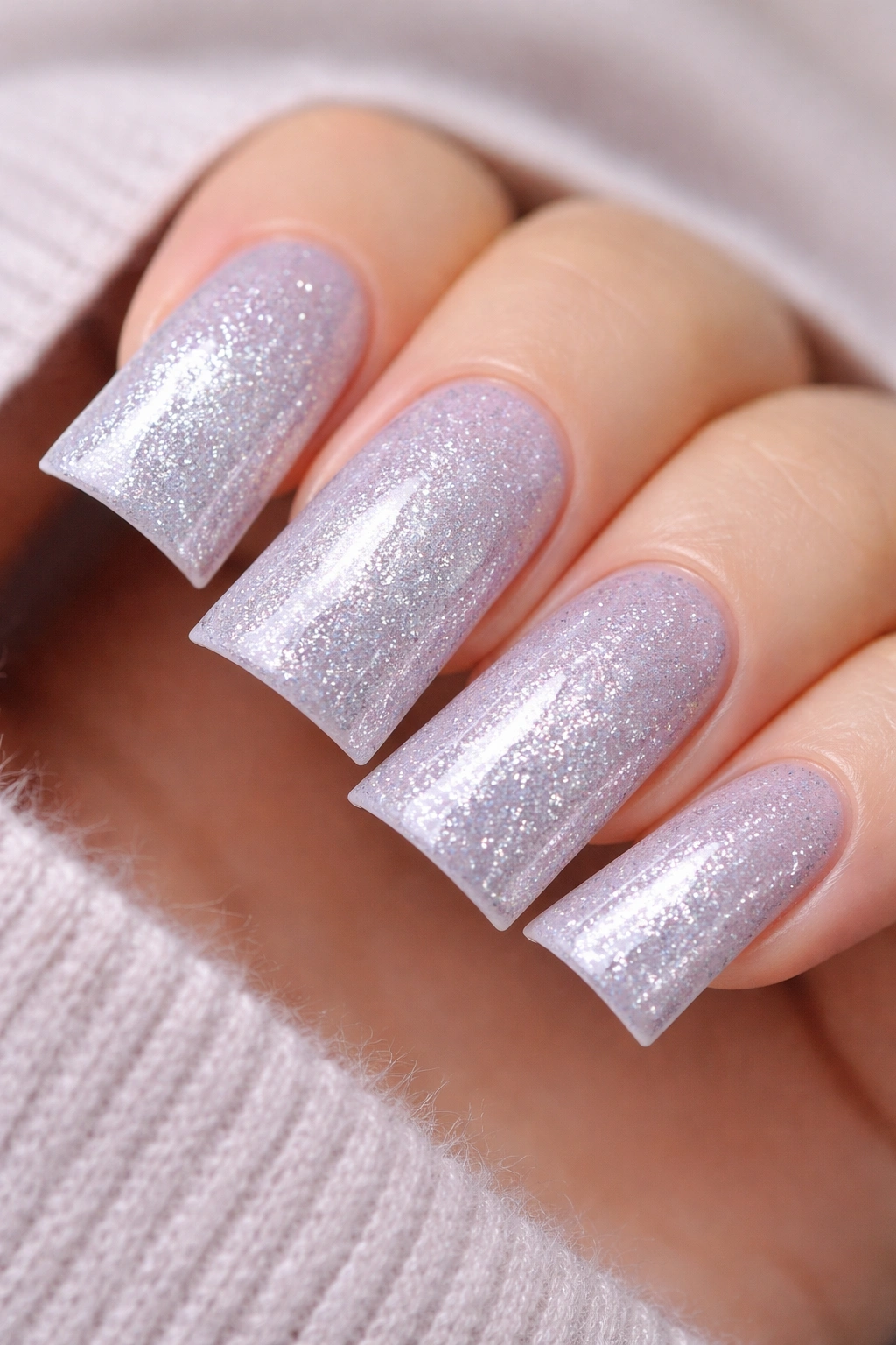 Close-up of a duck nail with pale lavender base and fine silver glitter