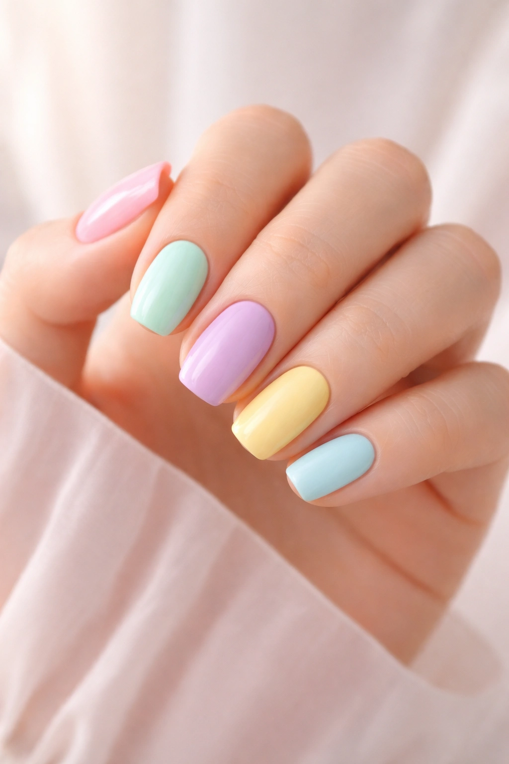 Close-up of hand with pastel Skittles manicure in a pastel rainbow