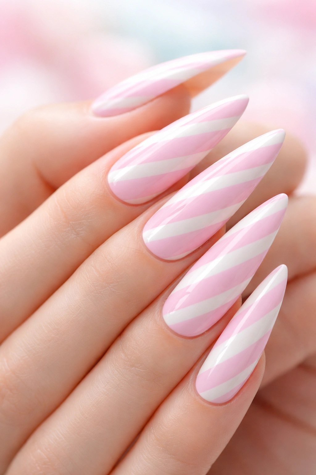 Close-up of pastel candy stripe nails with diagonal white and pink stripes