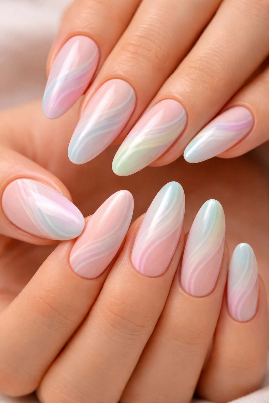Close-up of pastel swirl nail art on a nude base
