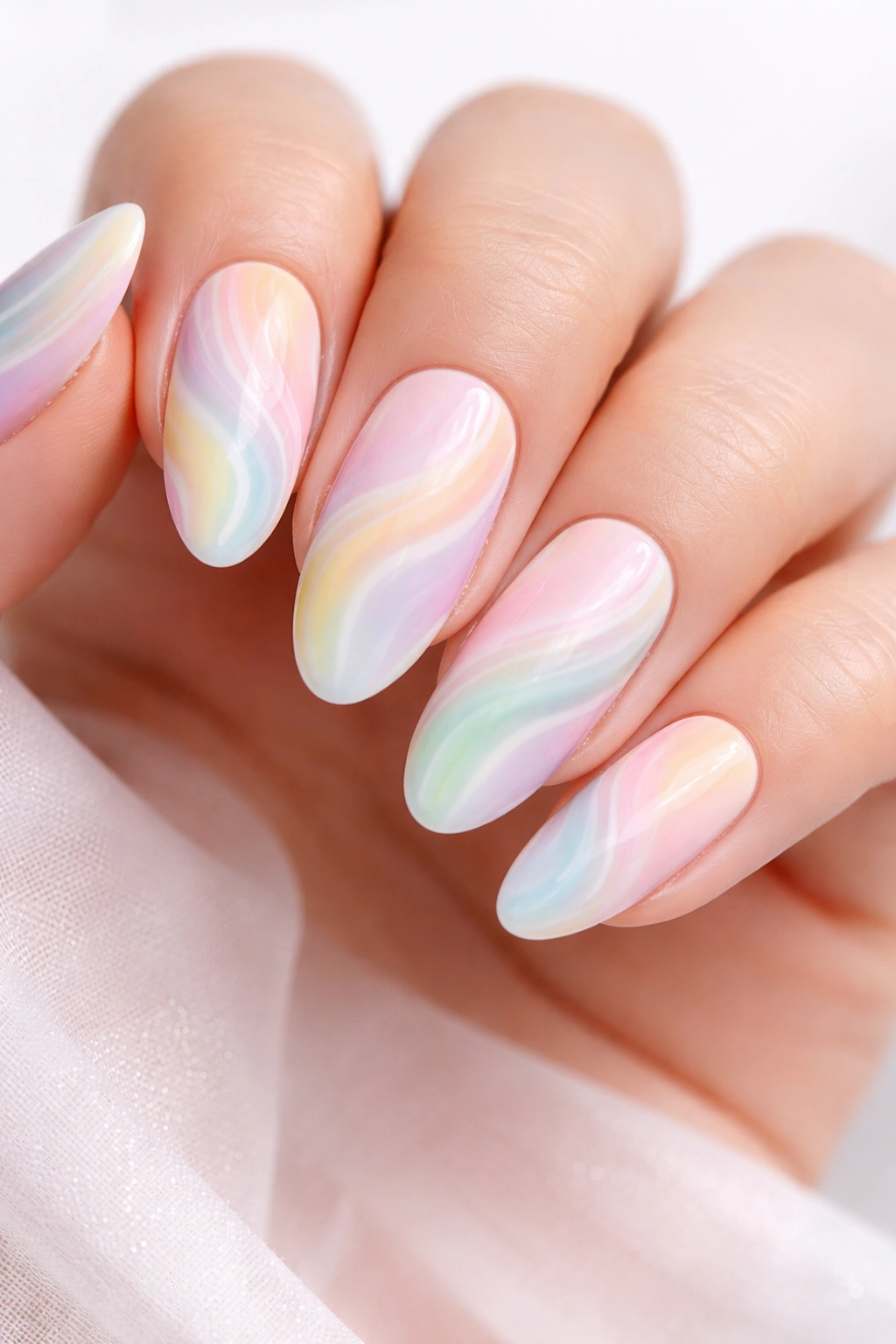 Close-up of long oval nails featuring soft pastel rainbow swirls on a light cream base.
