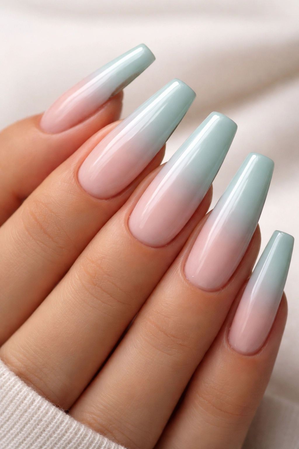 Coffin nails pastel teal ombre French with white tips