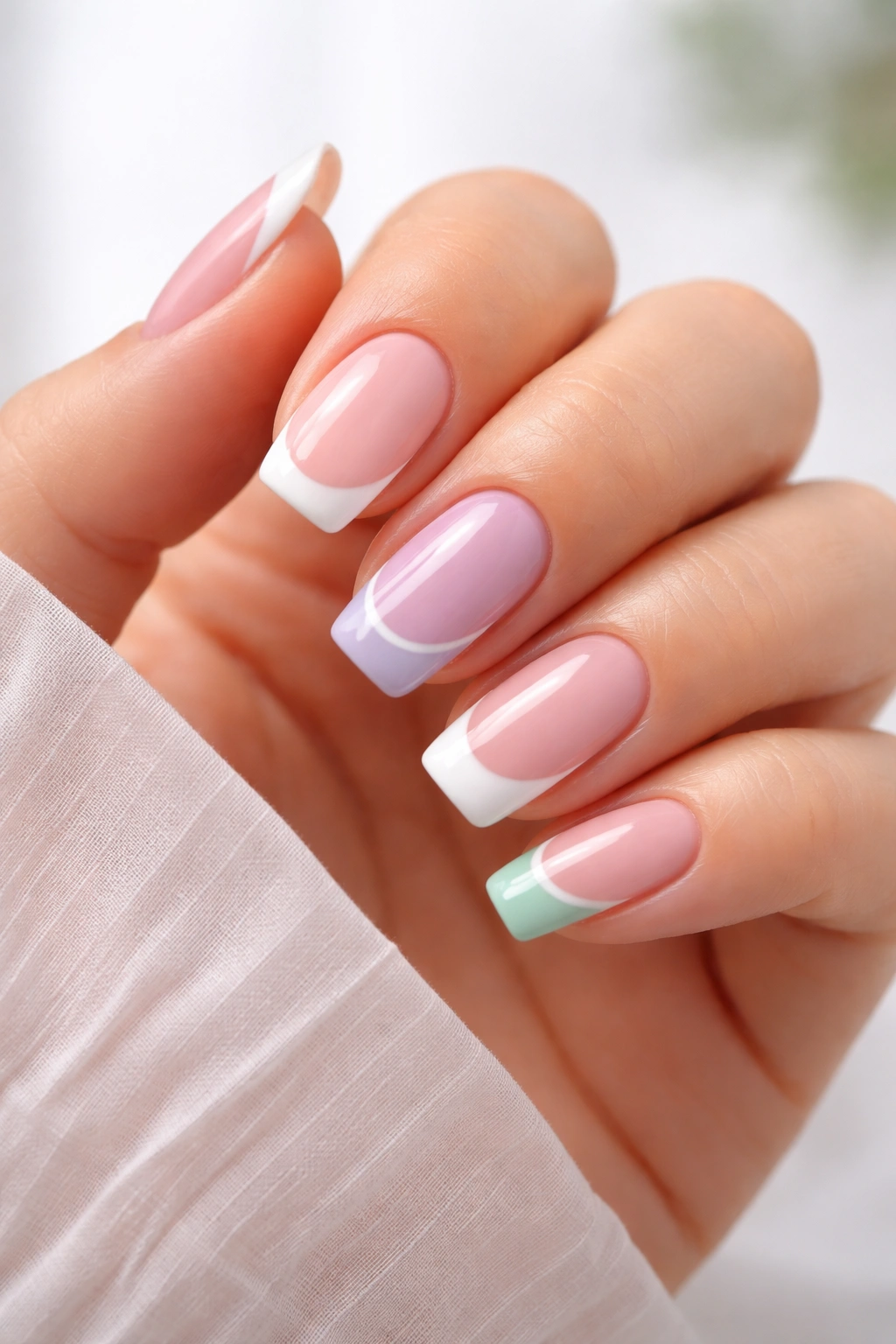 Hand with nails showing varied French tip designs including pastel, micro, and reversed tips