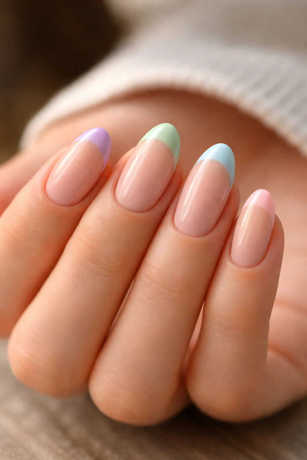 Close-up of short almond nails with mixed pastel tip colors on a neutral base.