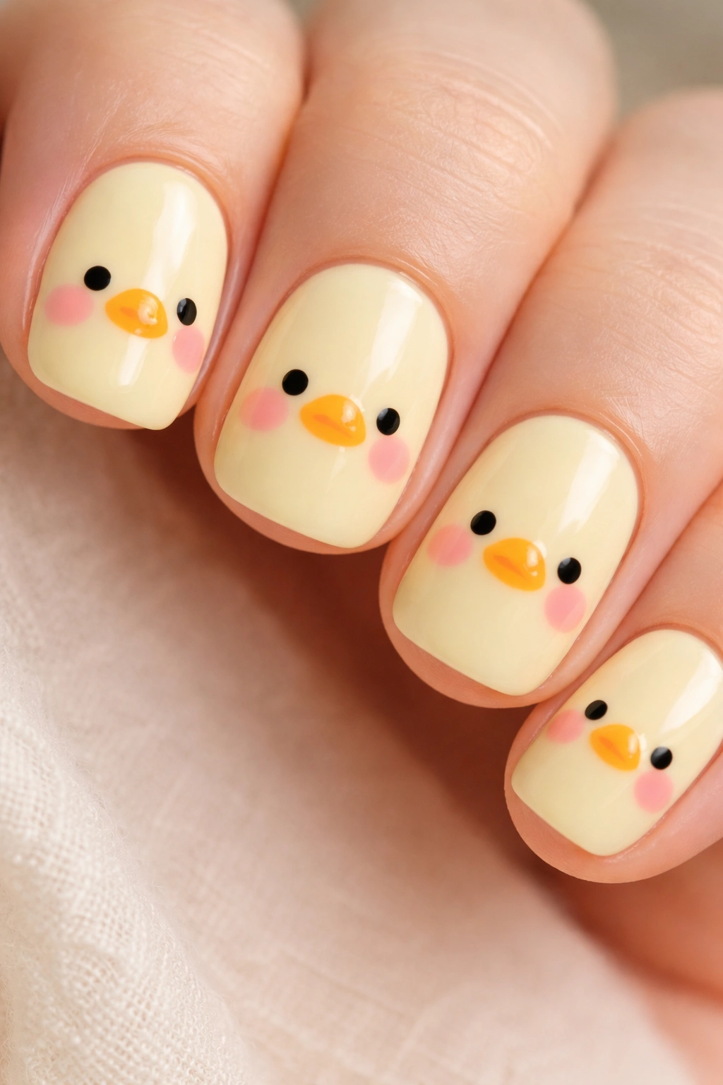Pastel yellow duck nail with pink blush cheeks on manicure