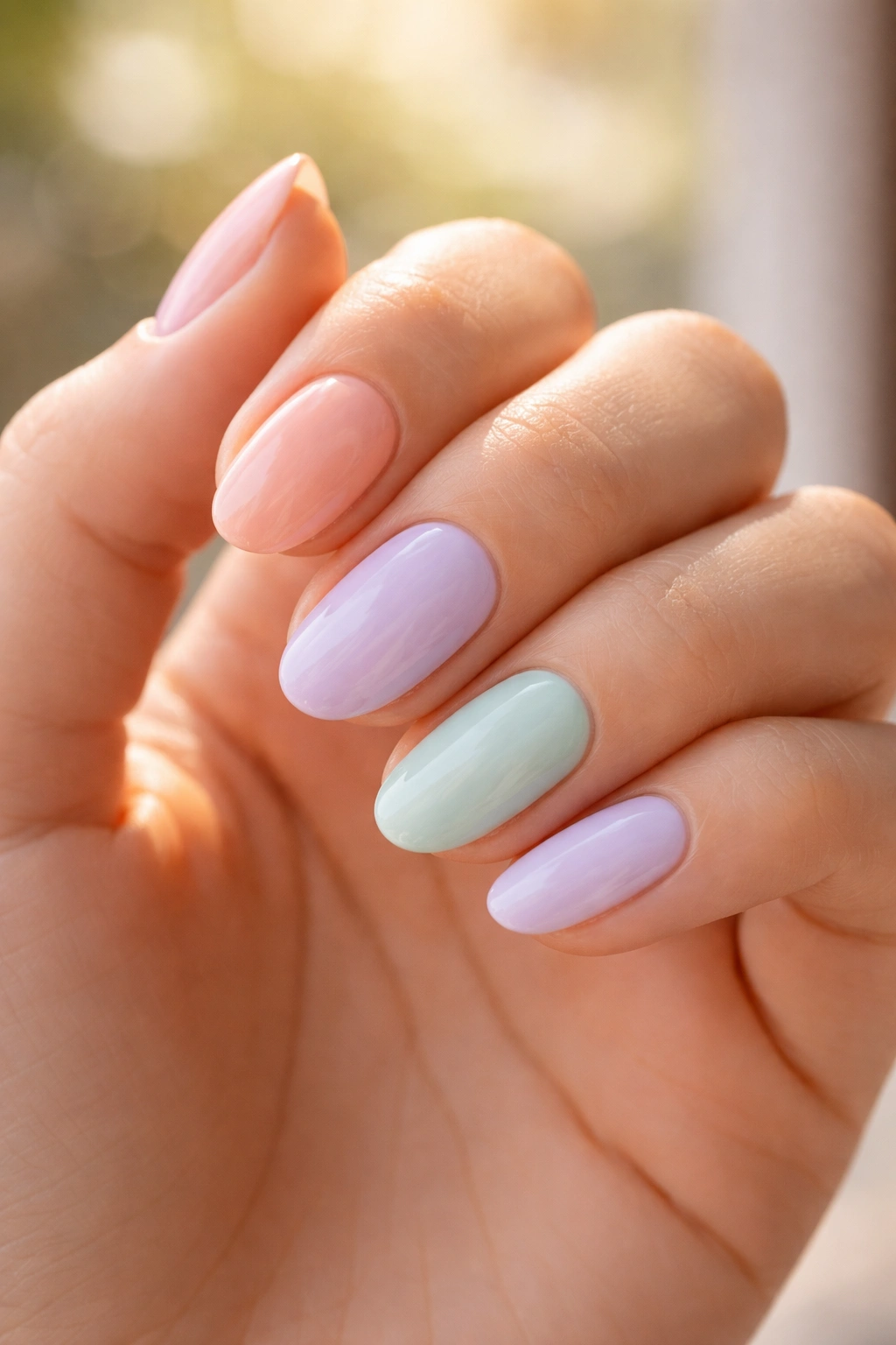 Close-up of hand with pastel nail colors showing skin undertone compatibility