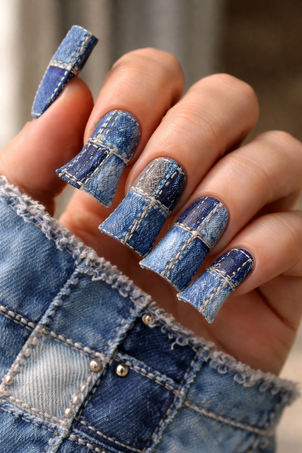Duck nails with patchwork denim textures in varied finishes