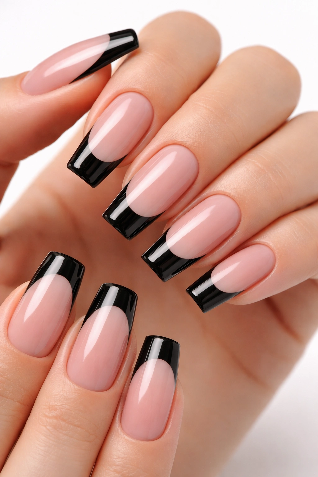 Close-up of patent-shine black tips with square ends on ballerina nails