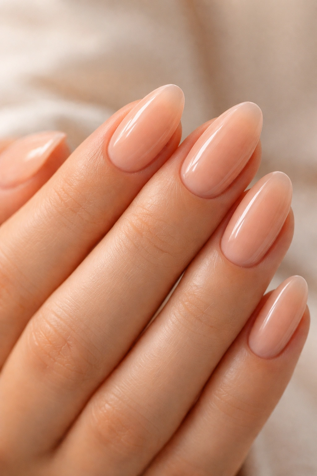 Short almond nails with sheer peach dip for a fresh glow