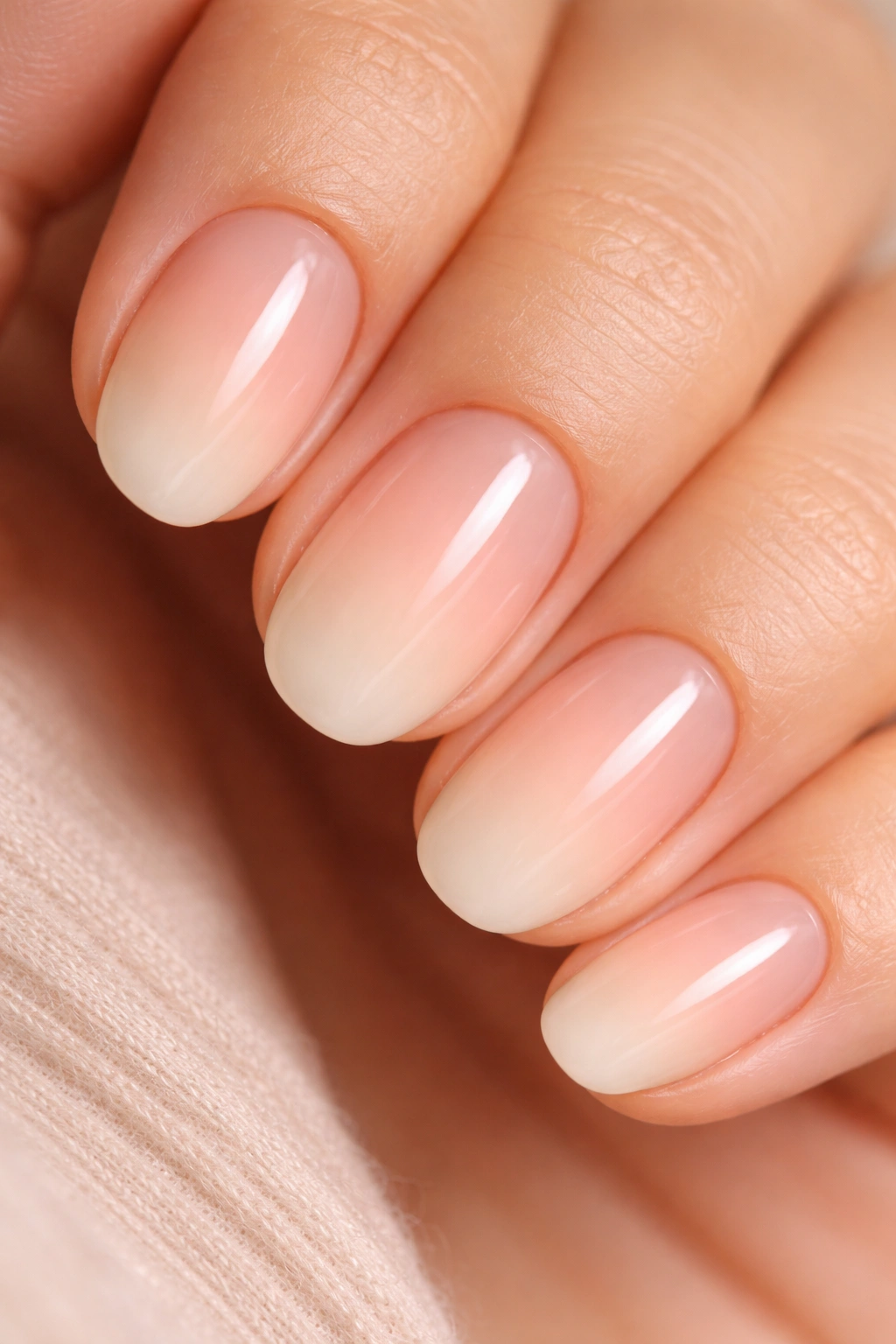 Sheer peach to cream apricot ombre on short oval nails