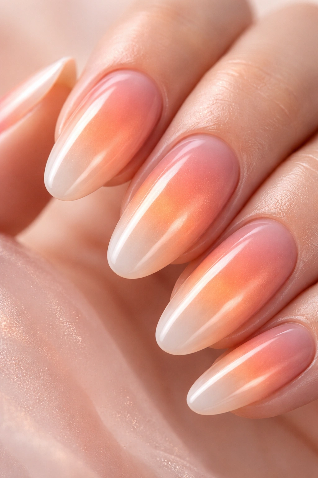 Close-up of peachy aura nails with soft halo glow and gradient edges
