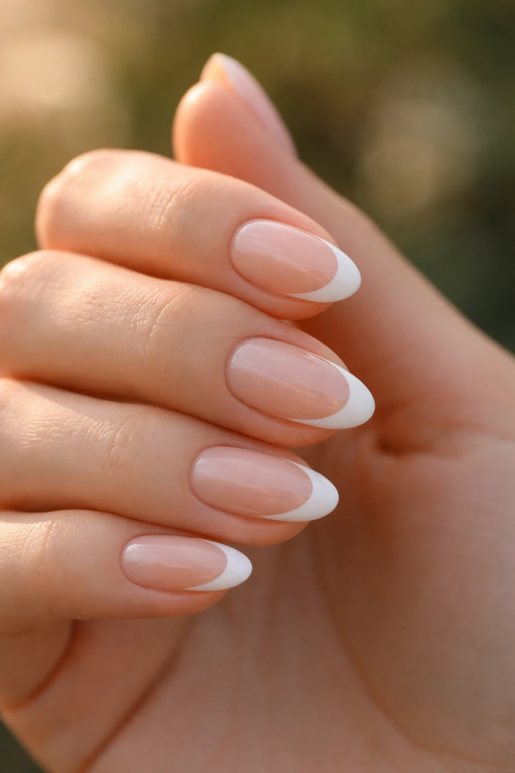 Close-up of short almond nails with peach base and fine white tips