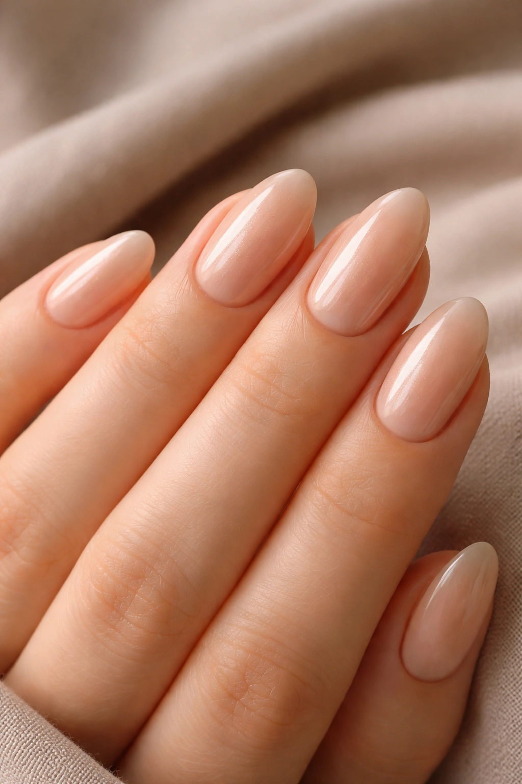 Close-up of short almond nails in peach beige glaze with warm undertones