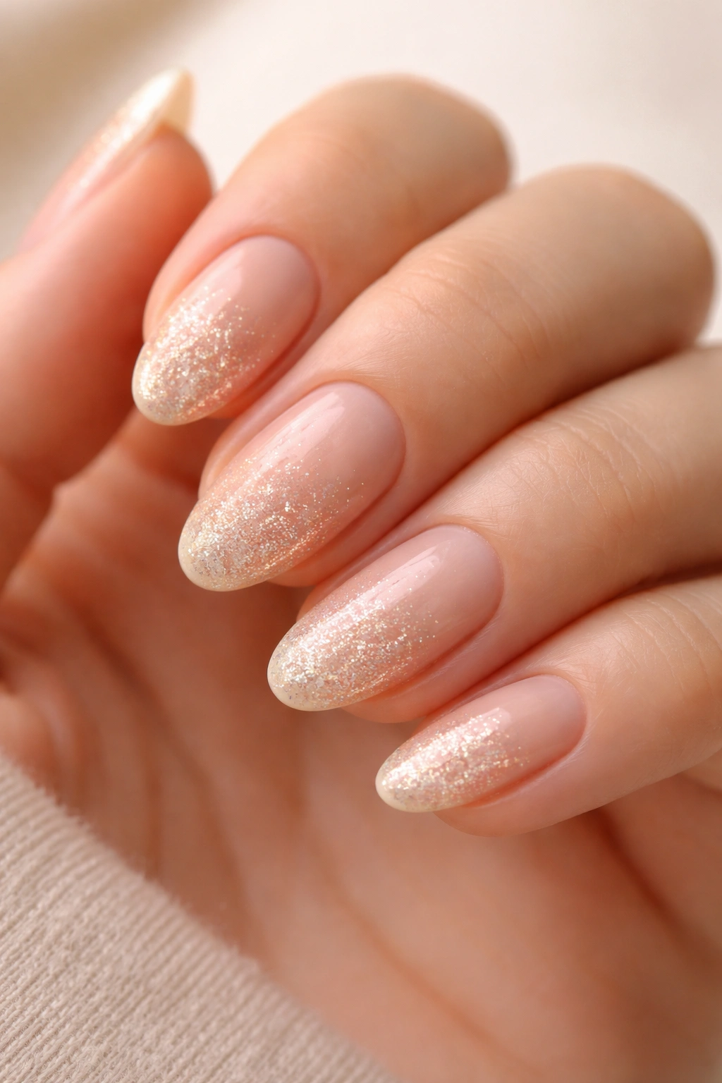 Close-up of peach-beige nails with subtle champagne glitter fade