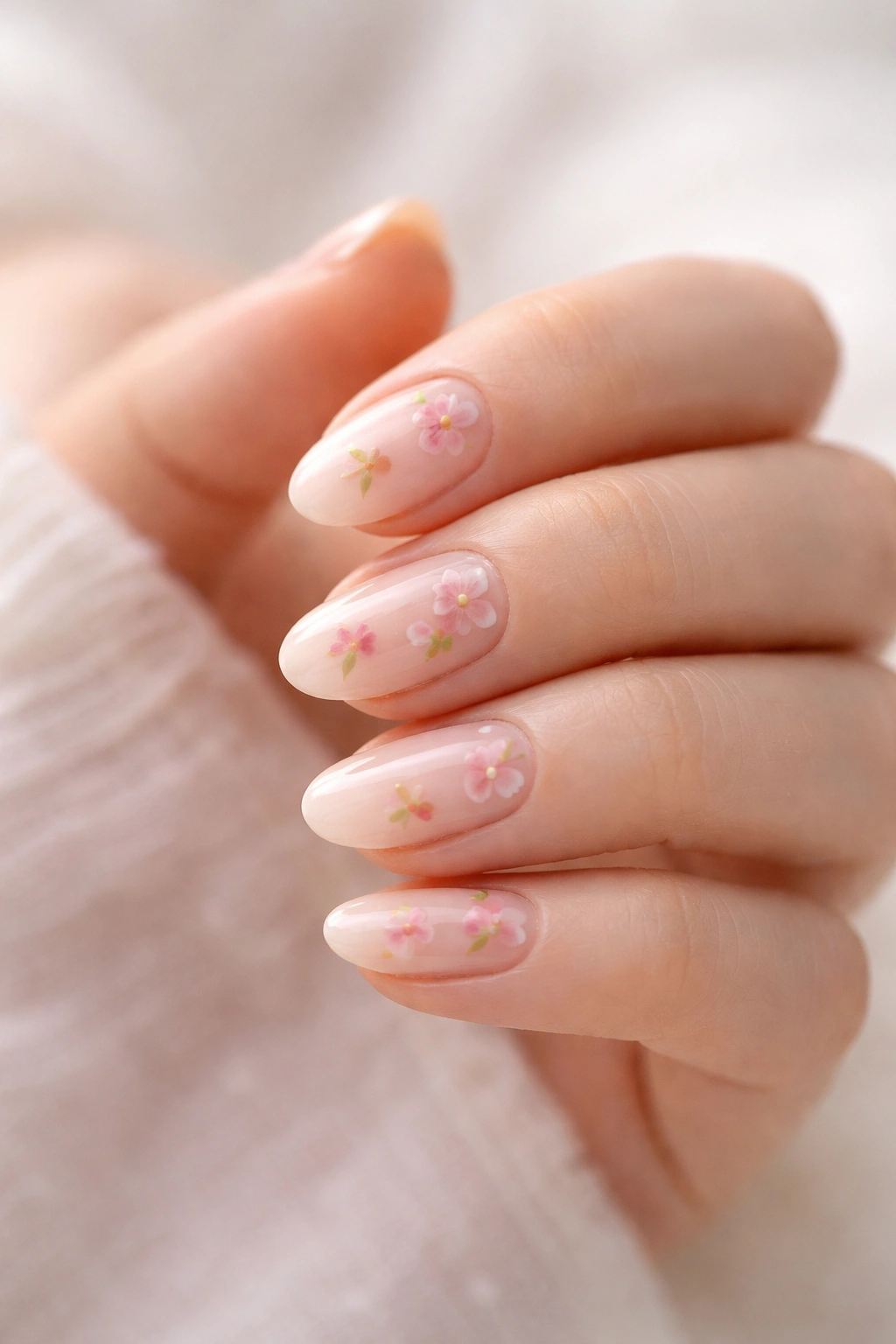 Close-up of short almond nails with peach blossoms and small green leaves on pale pink base
