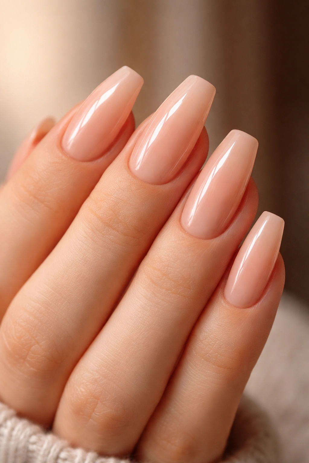 Peach-blush nude ballerina nails with high gloss finish