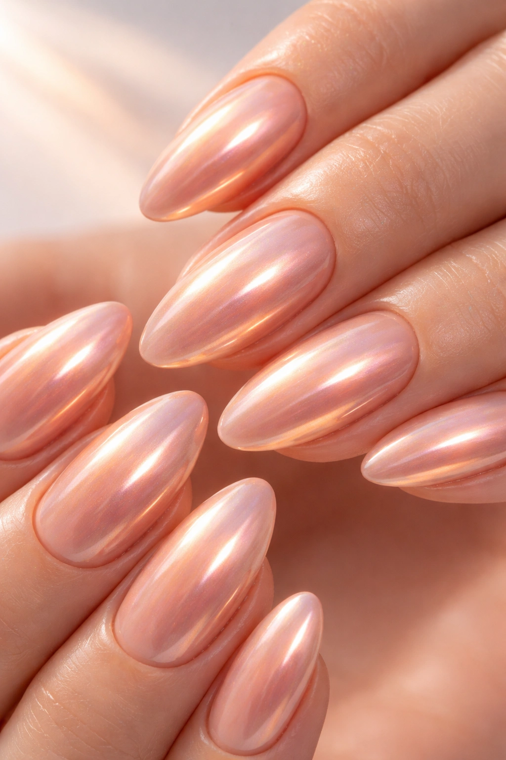 Close-up of peach nails with chrome finish reflecting light