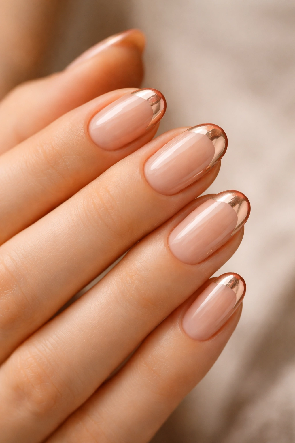 Close-up of short oval nails with peach chrome tips on a sheer nude base.
