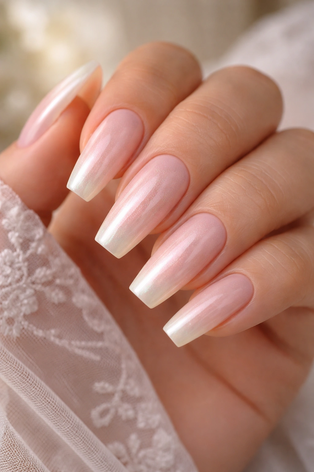 Close-up of soft peach coffin nails with pearlescent shimmer