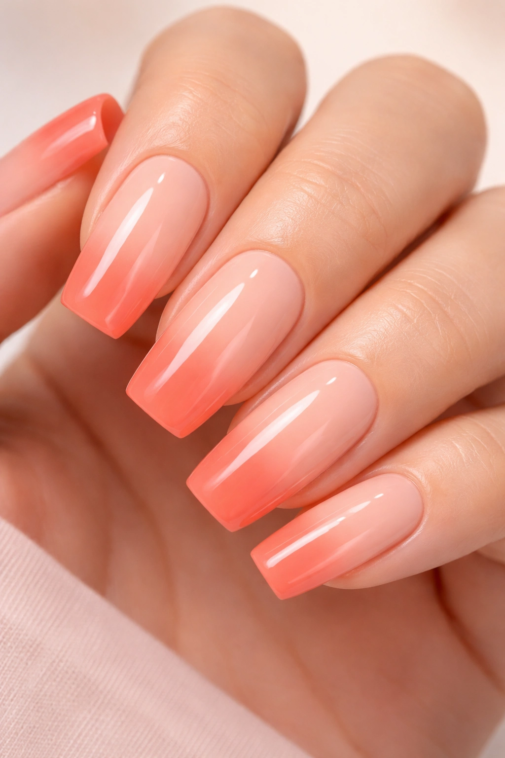 Nails with pale peach to coral gradient on long squoval nails