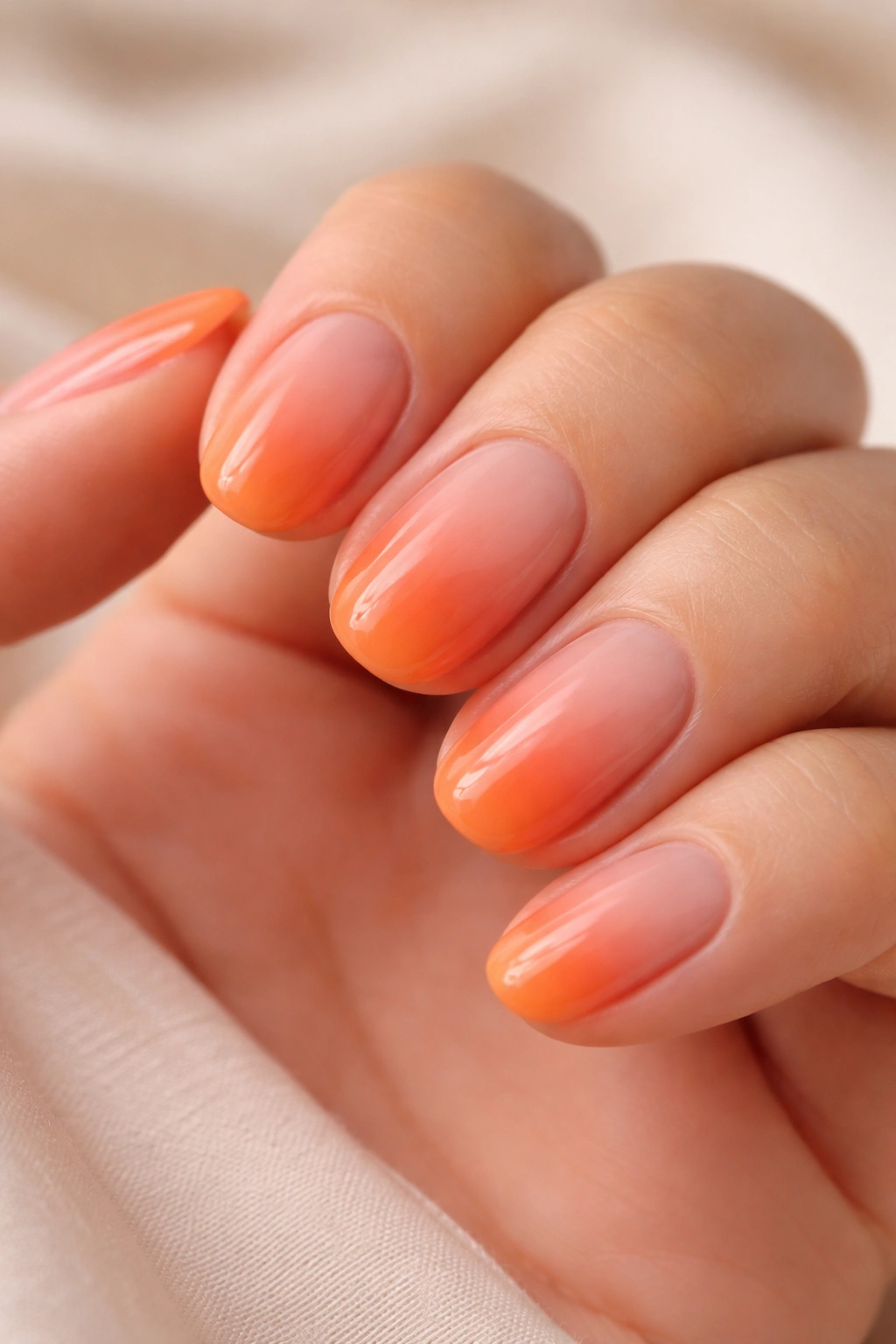 Close-up of short oval nails showing peachy coral to sunset tangerine gradient