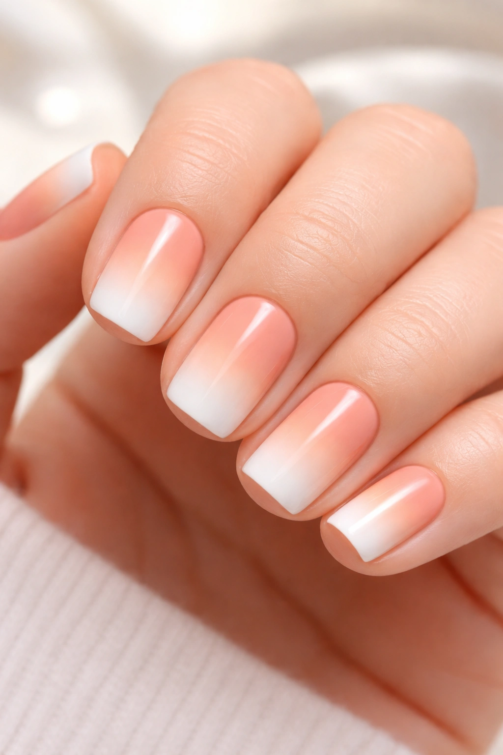 Close-up of short squoval nails with peachy-coral to white gradient