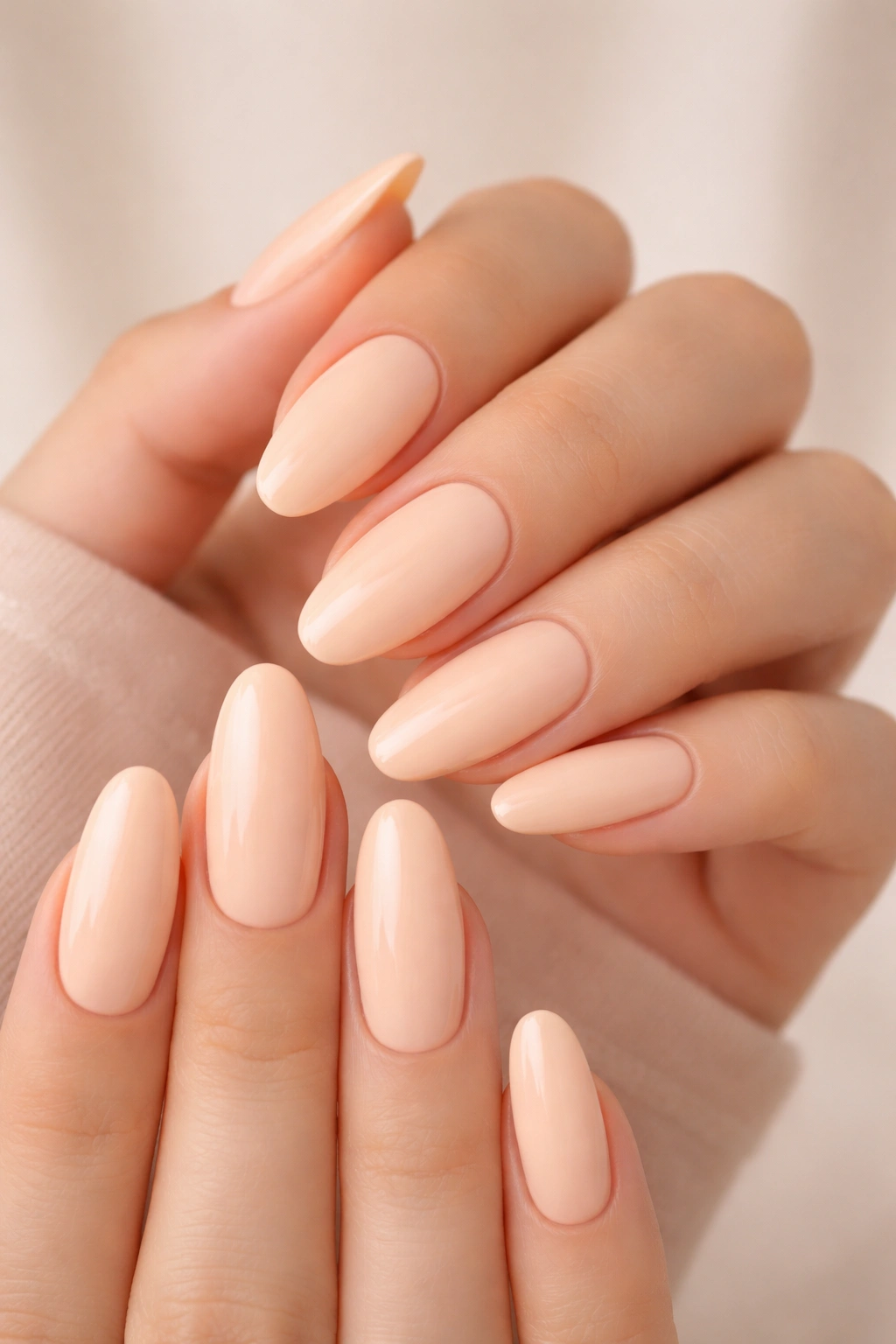 Close-up of long oval Peach Cream nails on hands, creamy peach color